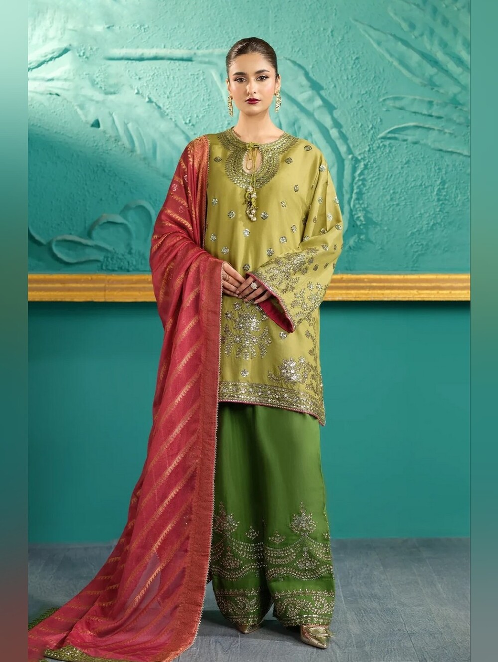 Heeras Official Green 3-Piece Farshi Shalwar Suit Large, NWT